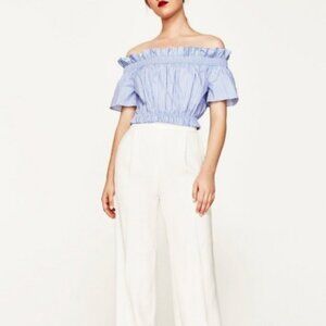 Zara Blue and White striped off the shoulder Crop Top w/ Bow Back Size S Preppy